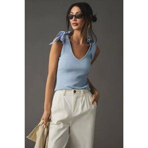 Anthropologie MAEVE Rafaela Blue Cotton Ribbed Knit Bow Tie Tank Top, Size XS